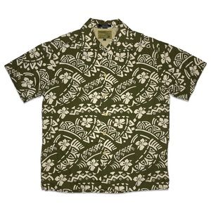 Vintage Tommy Hilfiger Standard Issue Green Tan Hawaiian Floral Button Up Shirt